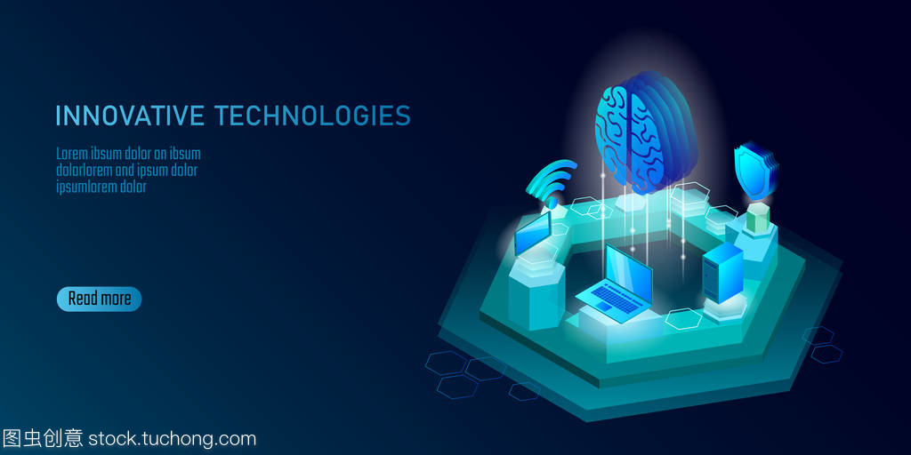 等距人工智能業(yè)務(wù)概念。藍(lán)色發(fā)光等距個(gè)人信息數(shù)據(jù)連接 pc 智能手機(jī)人腦未來技術(shù)。3d 圖表矢量圖